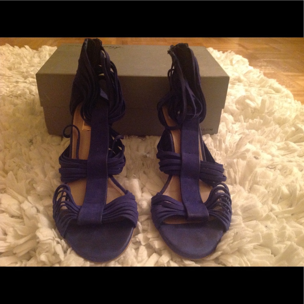 Zara Electric Blue Suede Strappy Wood Heel Sandals